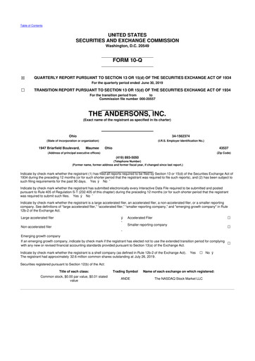 Thumbnail The Andersons, Inc. 10-Q Quarterly Report FY2019 