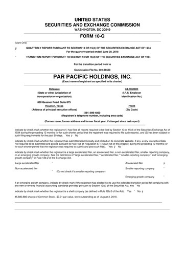 Miniature Par Pacific Holdings 10-Q Rapport trimestriel 2018 