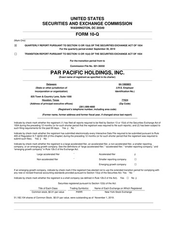 Miniature Par Pacific Holdings 10-Q Rapport trimestriel 2019 