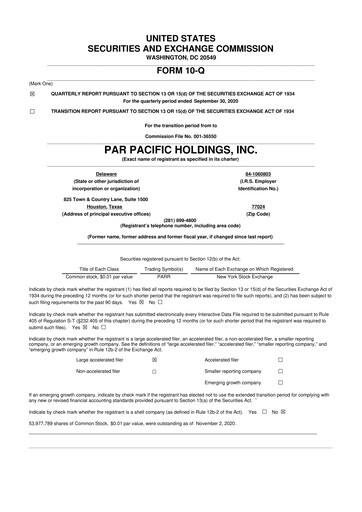 Miniature Par Pacific Holdings 10-Q Rapport trimestriel 2020 