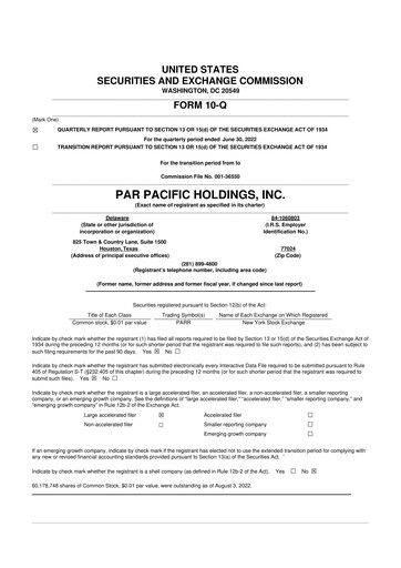 Miniature Par Pacific Holdings 10-Q Rapport trimestriel 2022 