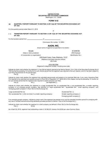 Thumbnail Aaon 10-Q Quarterly Report FY2018 