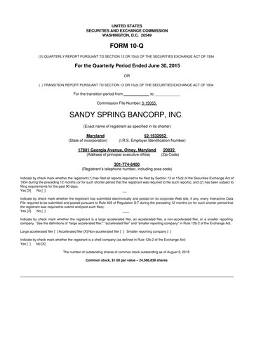 Thumbnail Sandy Spring Bank 10-Q Quarterly Report FY2015 