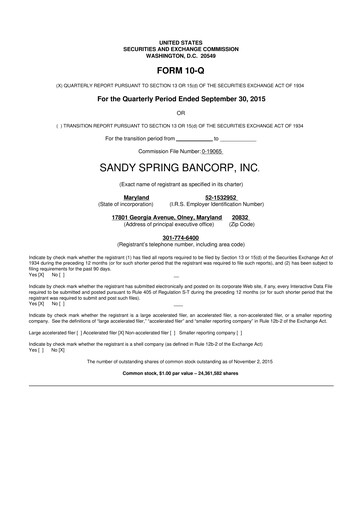 Thumbnail Sandy Spring Bank 10-Q Quarterly Report FY2015 