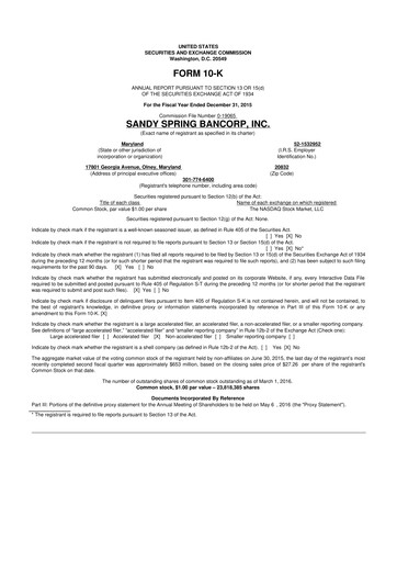 Thumbnail Sandy Spring Bank 10-K Annual Report 2015