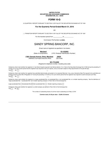 Thumbnail Sandy Spring Bank 10-Q Quarterly Report FY2016 
