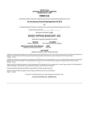 Thumbnail Sandy Spring Bank 10-Q Quarterly Report FY2016 