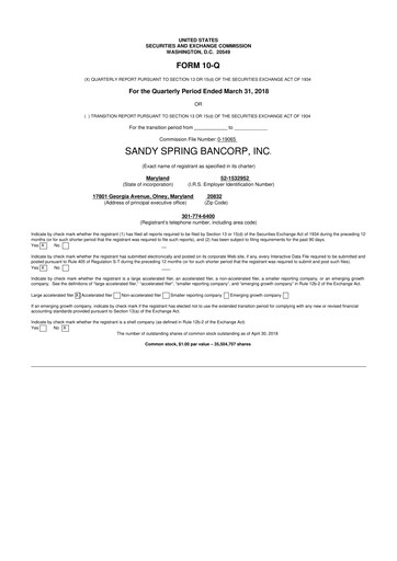 Thumbnail Sandy Spring Bank 10-Q Quarterly Report FY2018 