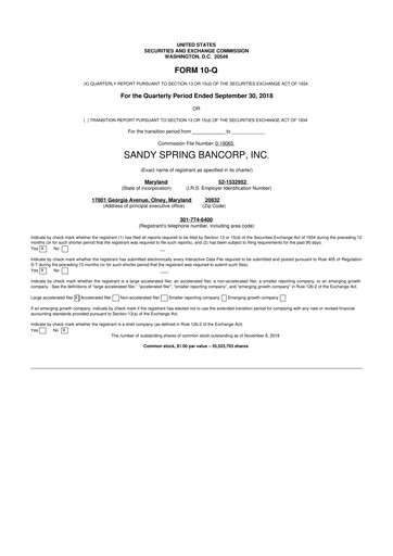 Thumbnail Sandy Spring Bank 10-Q Quarterly Report FY2018 