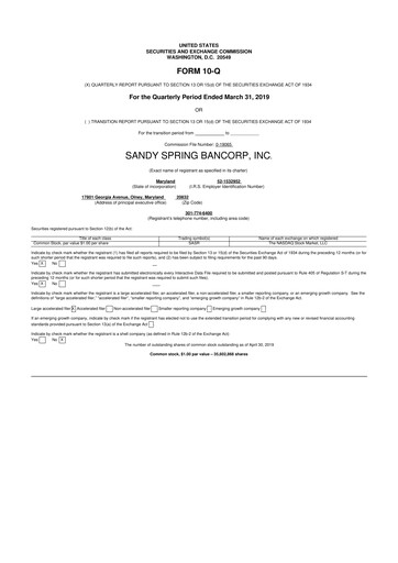 Thumbnail Sandy Spring Bank 10-Q Quarterly Report FY2019 
