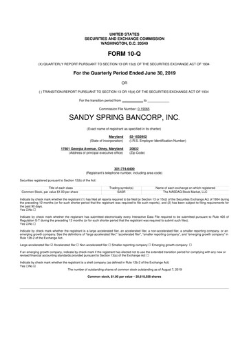 Thumbnail Sandy Spring Bank 10-Q Quarterly Report FY2019 