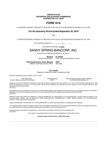 Thumbnail Sandy Spring Bank 10-Q Quarterly Report FY2019 