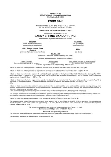 Thumbnail Sandy Spring Bank 10-K Annual Report 2019