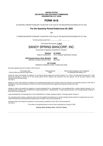 Thumbnail Sandy Spring Bank 10-Q Quarterly Report FY2020 