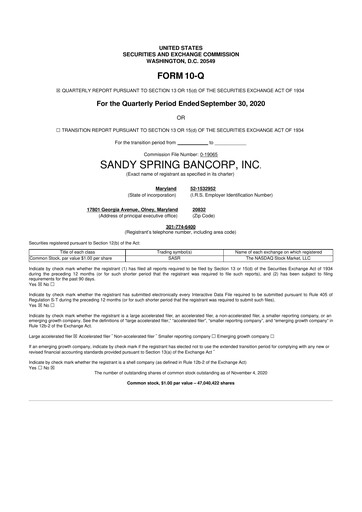 Thumbnail Sandy Spring Bank 10-Q Quarterly Report FY2020 