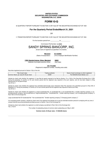 Thumbnail Sandy Spring Bank 10-Q Quarterly Report FY2021 