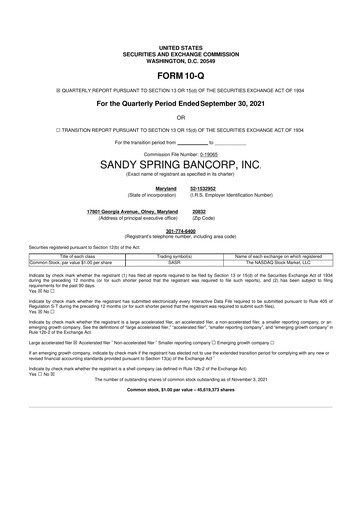 Thumbnail Sandy Spring Bank 10-Q Quarterly Report FY2021 