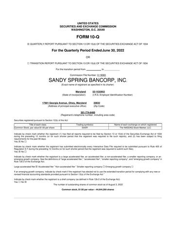 Thumbnail Sandy Spring Bank 10-Q Quarterly Report FY2022 