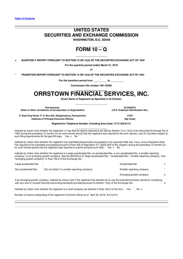 Thumbnail Orrstown Financial Services 10-Q Quarterly Report FY2018 