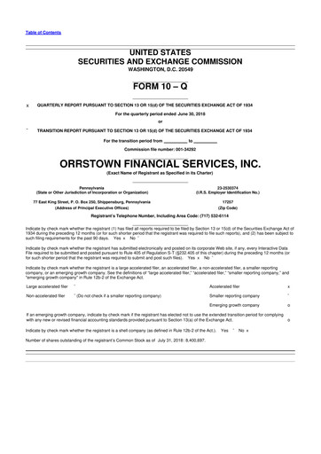 Thumbnail Orrstown Financial Services 10-Q Quarterly Report FY2018 