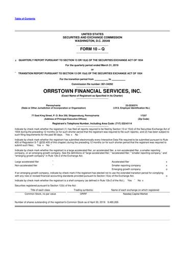 Thumbnail Orrstown Financial Services 10-Q Quarterly Report FY2019 