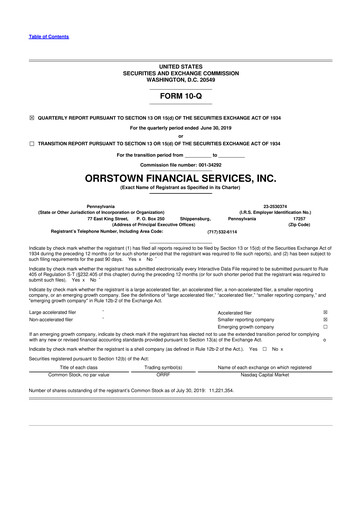 Thumbnail Orrstown Financial Services 10-Q Quarterly Report FY2019 