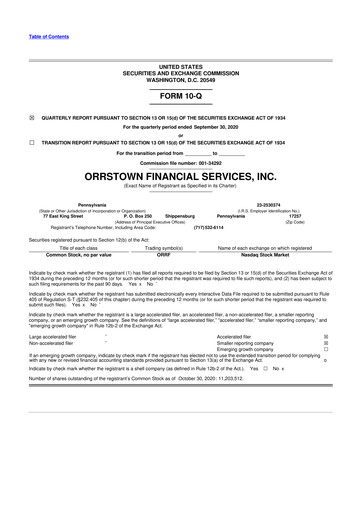 Thumbnail Orrstown Financial Services 10-Q Quarterly Report FY2020 