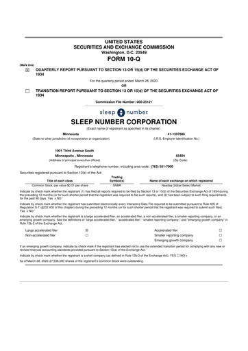 Thumbnail Sleep Number 10-Q Quarterly Report FY2020 