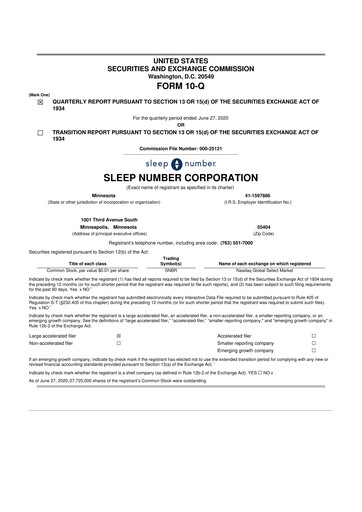 Thumbnail Sleep Number 10-Q Quarterly Report FY2020 