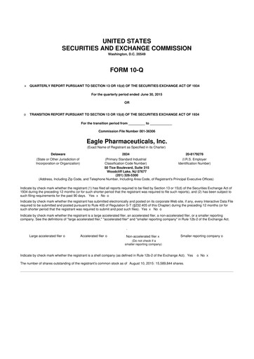 Thumbnail Eagle Pharmaceuticals
 10-Q Quarterly Report FY2015 