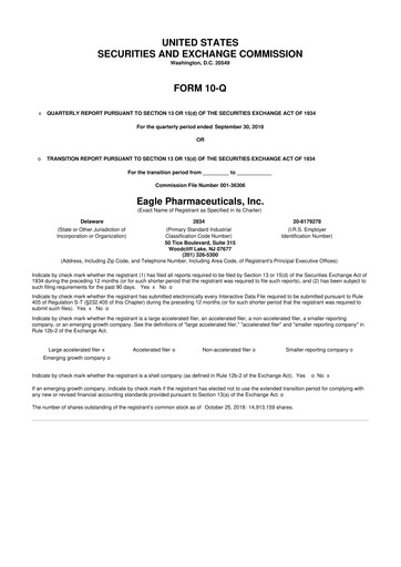 Thumbnail Eagle Pharmaceuticals
 10-Q Quarterly Report FY2018 