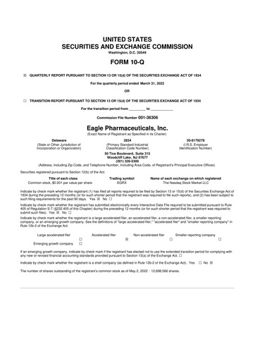 Thumbnail Eagle Pharmaceuticals
 10-Q Quarterly Report FY2022 