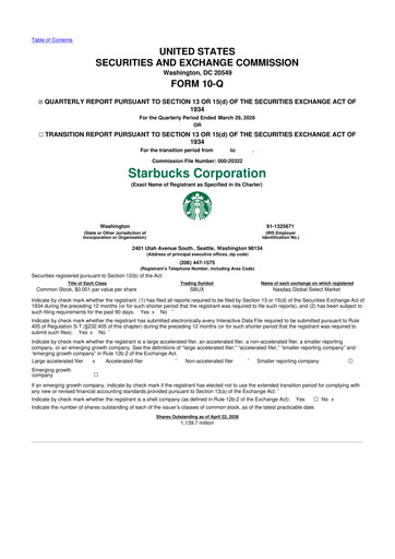 Thumbnail Starbucks 10-Q Quarterly Report FY 