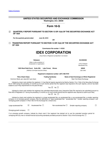 Miniature IDEX 10-Q Rapport trimestriel 2019 