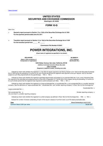 Miniature Power Integrations
 10-Q Rapport trimestriel 2011 