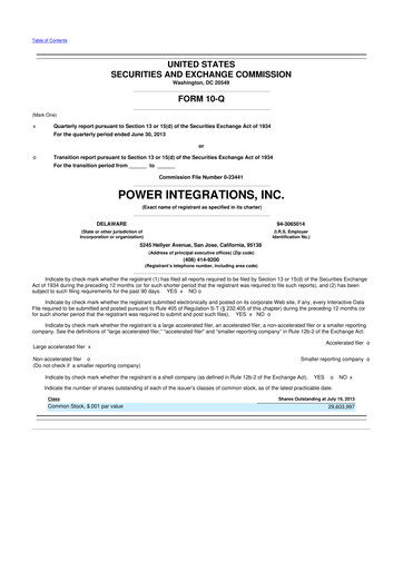 Miniature Power Integrations
 10-Q Rapport trimestriel 2013 