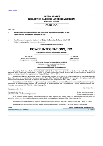 Miniature Power Integrations
 10-Q Rapport trimestriel 2017 