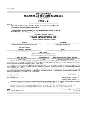 Miniature Power Integrations
 10-Q Rapport trimestriel 2019 
