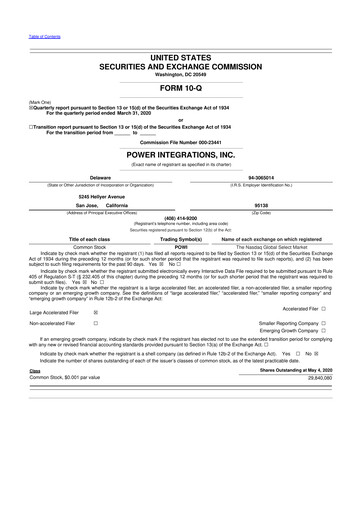 Miniature Power Integrations
 10-Q Rapport trimestriel 2020 