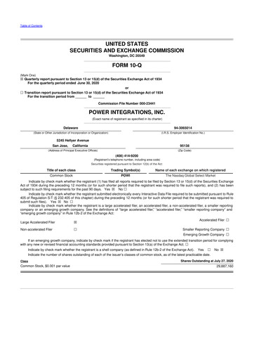 Miniature Power Integrations
 10-Q Rapport trimestriel 2020 
