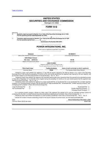 Miniature Power Integrations
 10-Q Rapport trimestriel 2023 