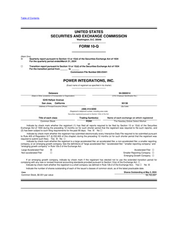 Miniature Power Integrations
 10-Q Rapport trimestriel 2024 