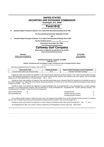 Thumbnail Callaway Golf Company 10-Q Quarterly Report FY2021 