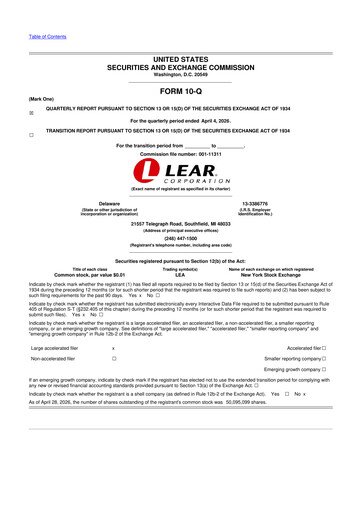 Thumbnail Lear Corporation
 10-Q Quarterly Report FY 