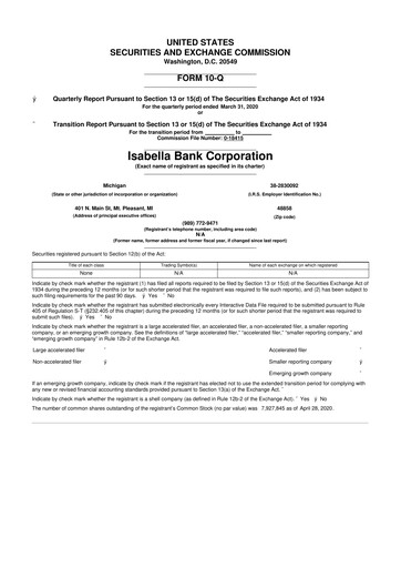 Thumbnail Isabella Bank Corporation 10-Q Quarterly Report FY2020 