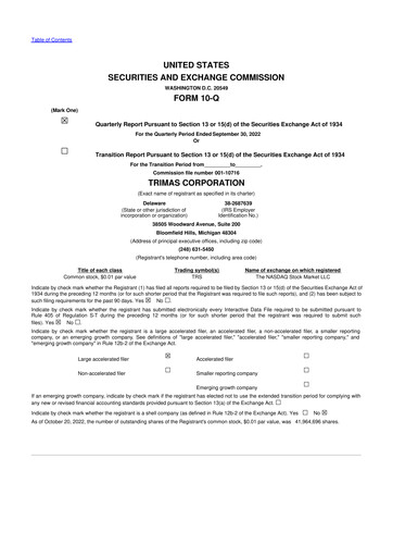 Thumbnail TriMas 10-Q Quarterly Report FY2022 