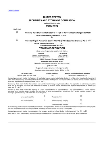 Thumbnail TriMas 10-Q Quarterly Report FY2025 