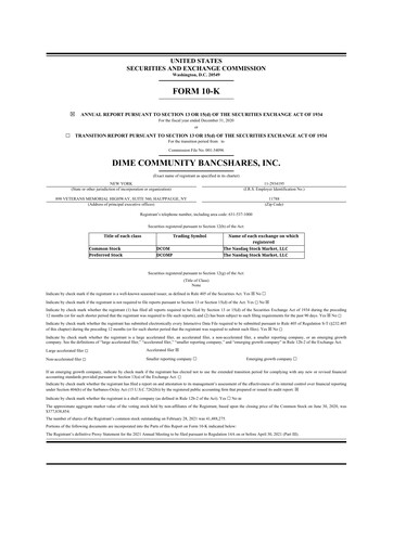 Thumbnail Dime Community Bancshares 10-K Annual Report 2020