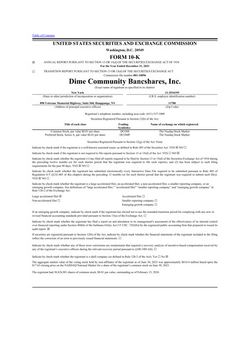 Thumbnail Dime Community Bancshares 10-K Annual Report 2023