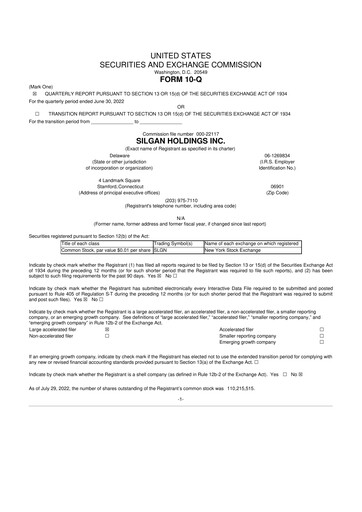 Thumbnail Silgan Holdings
 10-Q Quarterly Report FY2022 